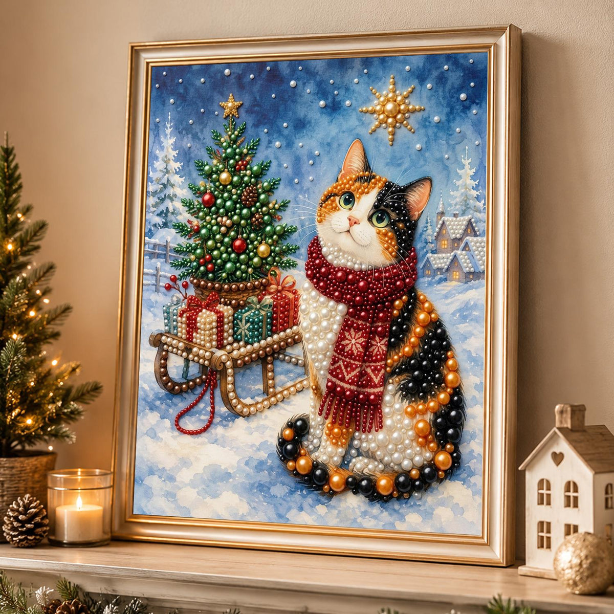 Calico Cat by the Gift Sled pearl painting – image 4