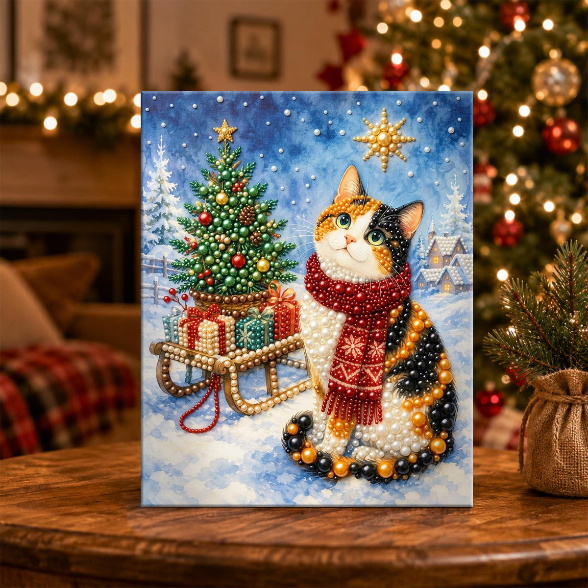 Calico Cat by the Gift Sled pearl painting – image 5