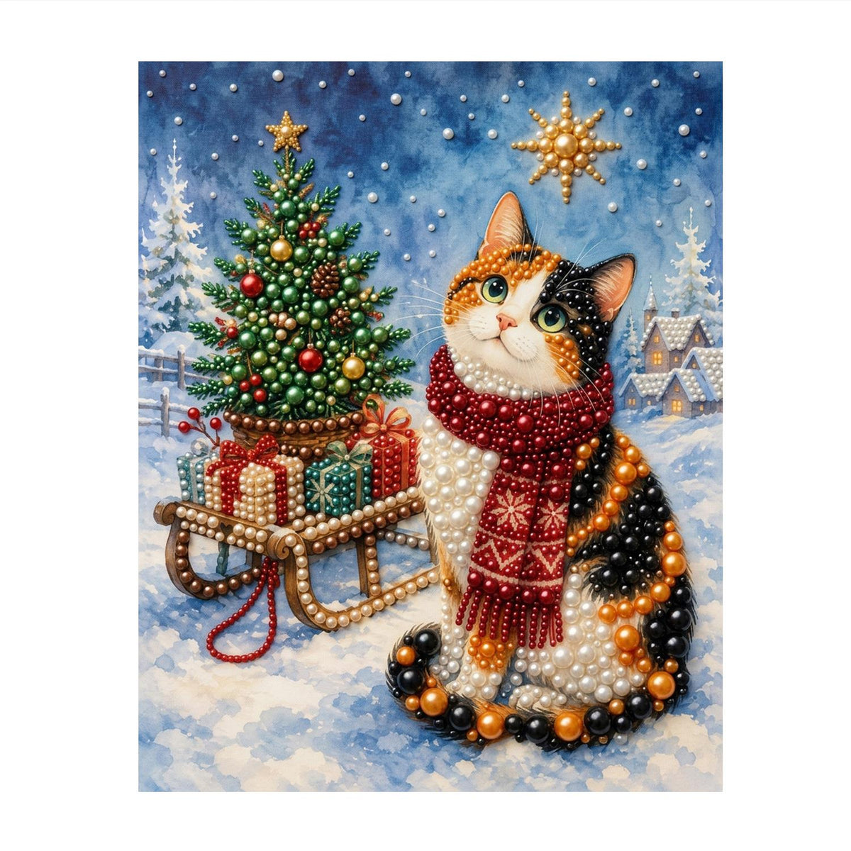 Calico Cat by the Gift Sled pearl painting – image 11