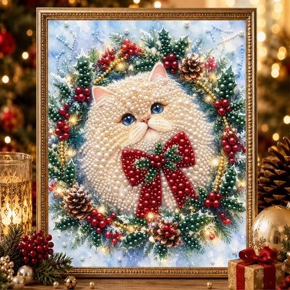Bow-Tied Fluffy Cat Wreath pearl painting – image 2