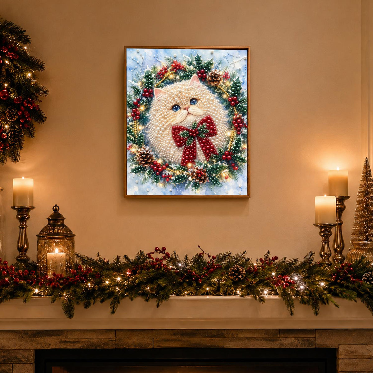 Bow-Tied Fluffy Cat Wreath pearl painting – image 3