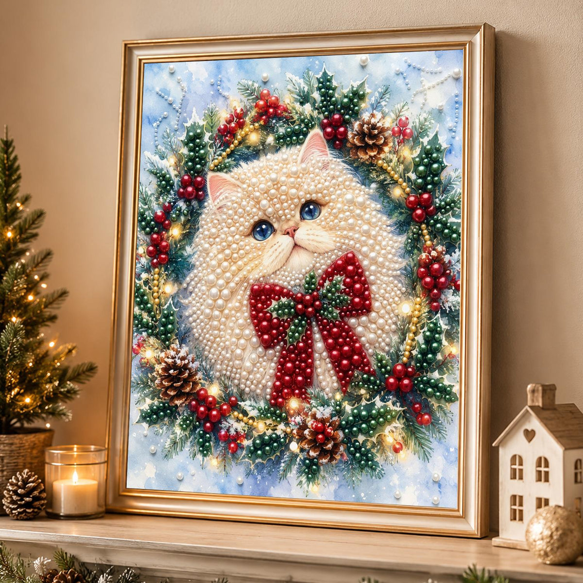 Bow-Tied Fluffy Cat Wreath pearl painting – image 4