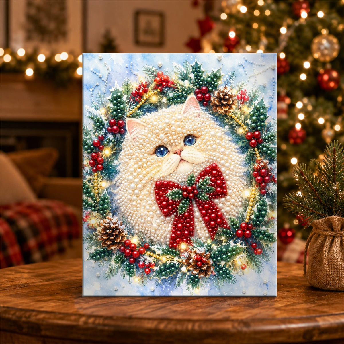 Bow-Tied Fluffy Cat Wreath pearl painting – image 5