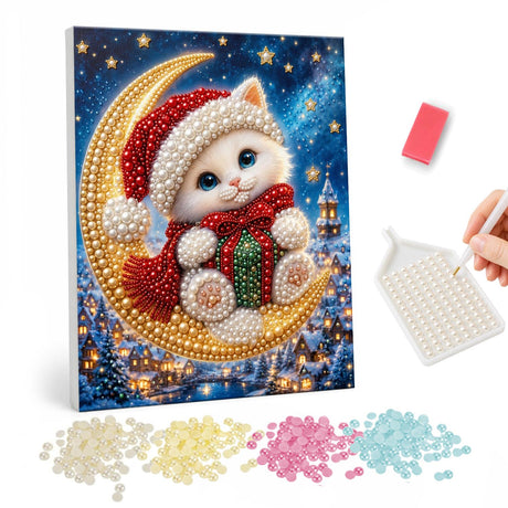 Christmas Kitten on Crescent Moon pearl painting – image 1