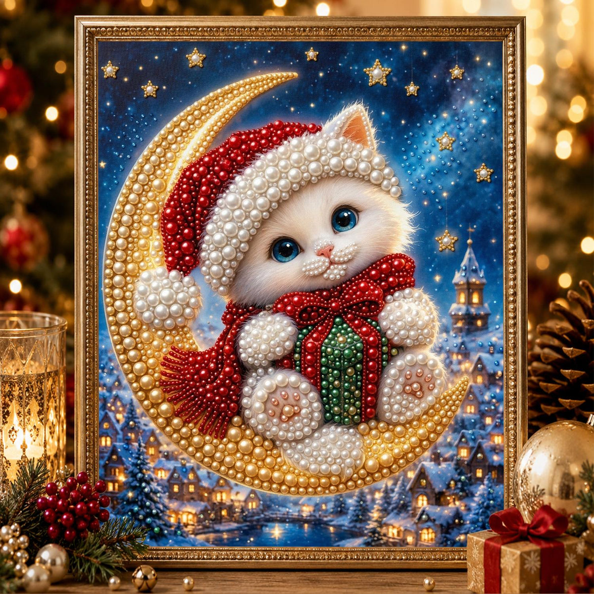 Moon-Riding Santa Hat Kitten pearl painting – image 2