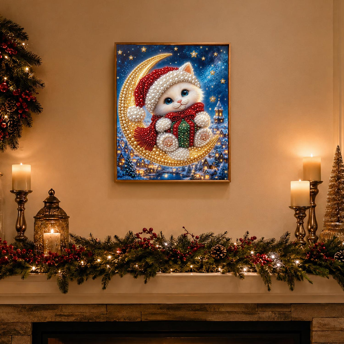 Moon-Riding Santa Hat Kitten pearl painting – image 3