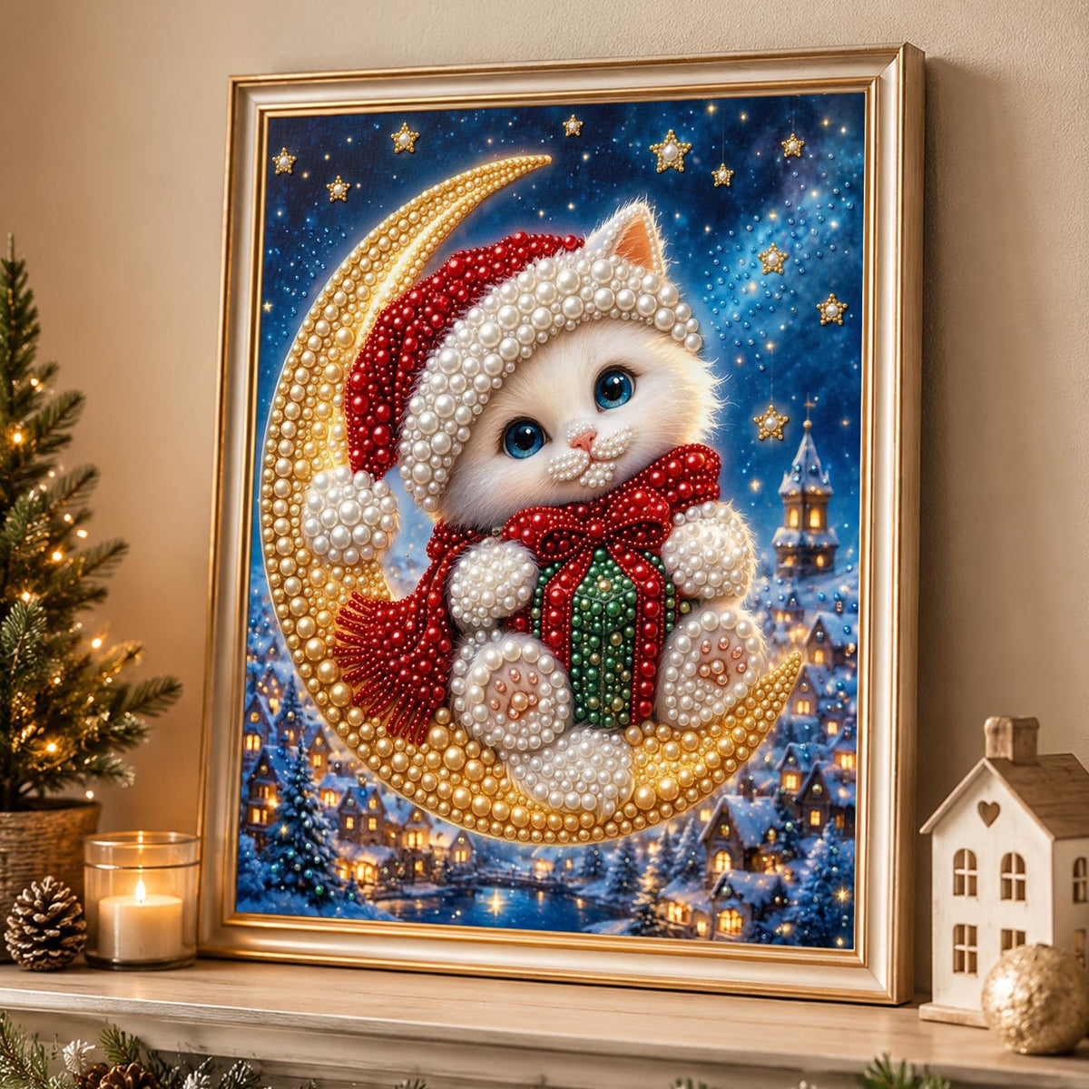 Moon-Riding Santa Hat Kitten pearl painting – image 4