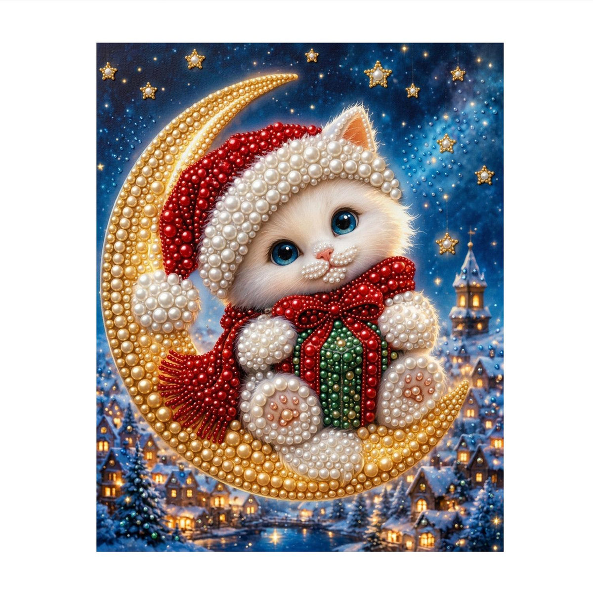 Moon-Riding Santa Hat Kitten pearl painting – image 11