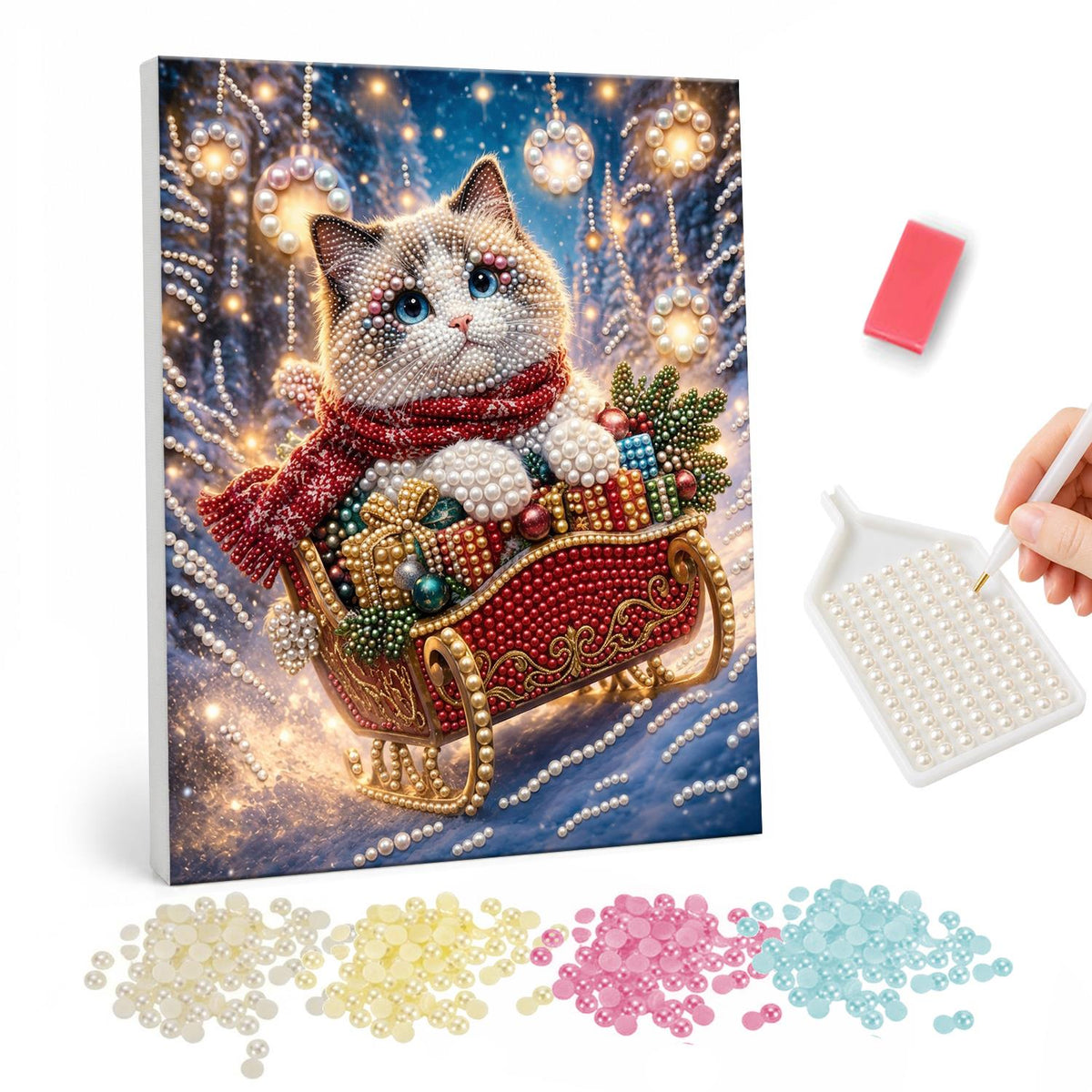 Blue-Eyed Cat's Sleigh Ride pearl painting – Fluffy colourpoint cat in a red scarf riding a red sleigh full of gifts through sparkling lights