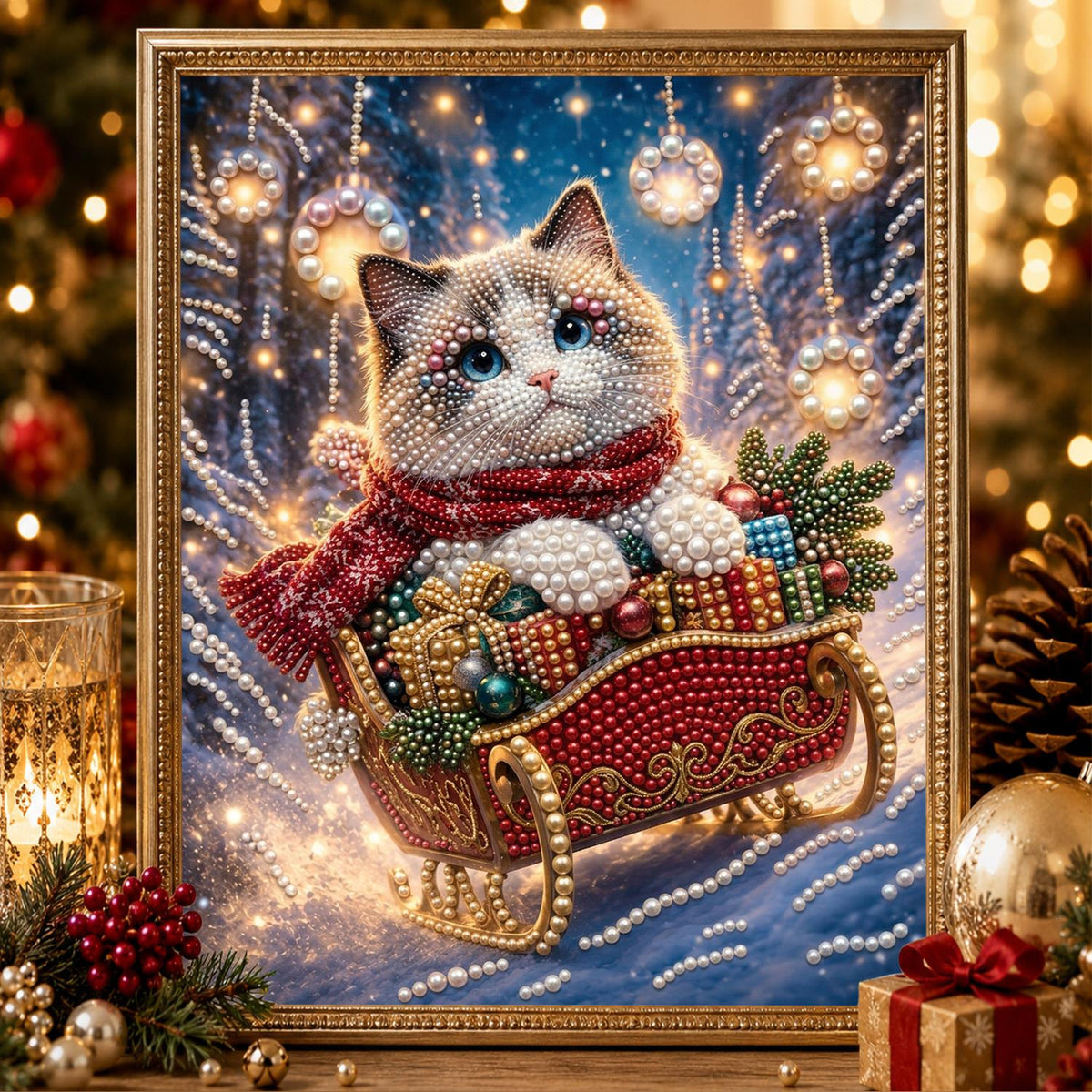 Blue-Eyed Cat's Sleigh Ride pearl painting – image 2