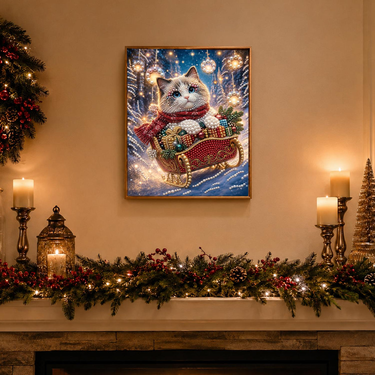 Blue-Eyed Cat's Sleigh Ride pearl painting – image 3