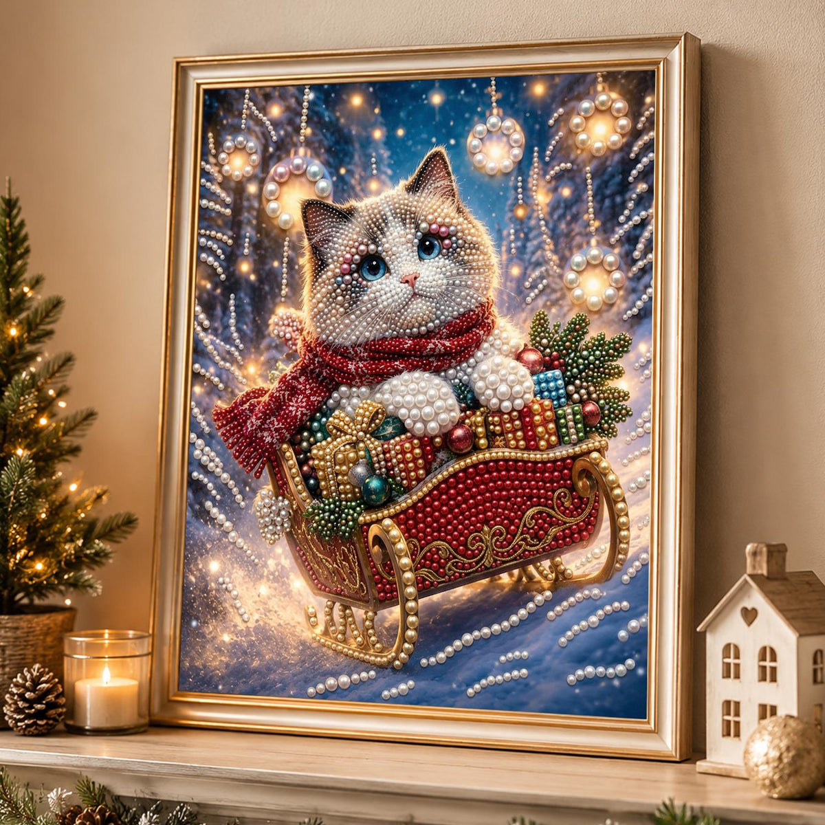 Blue-Eyed Cat's Sleigh Ride pearl painting – image 4