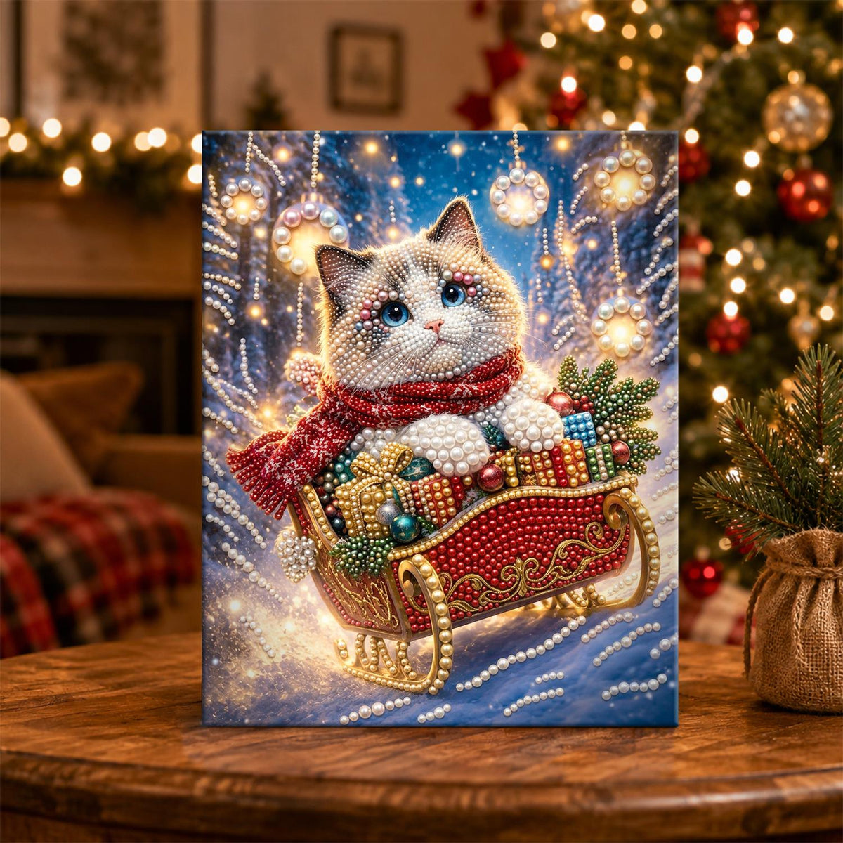 Blue-Eyed Cat's Sleigh Ride pearl painting – image 5