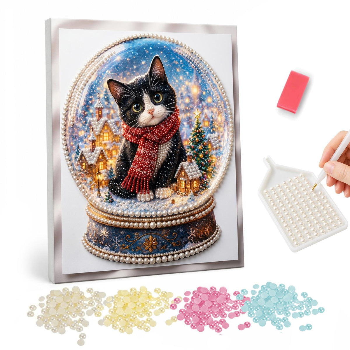 Tuxedo Kitten in a Snow Globe pearl painting – Black and white kitten in a red scarf inside a snow globe with a tiny snowy village
