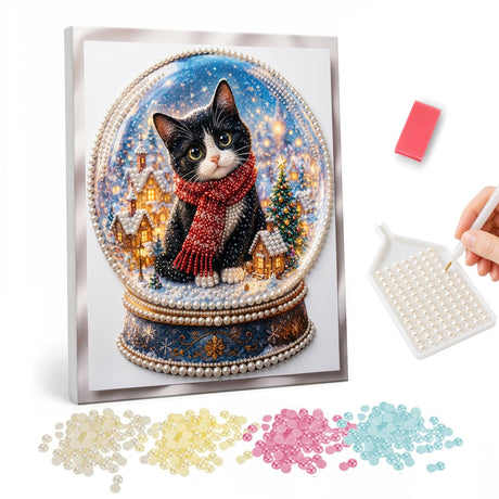 Christmas Cat Snow Globe pearl painting – image 1
