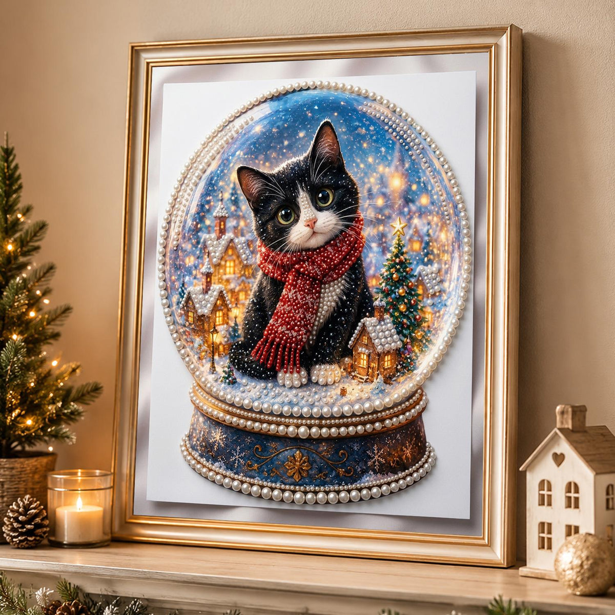 Tuxedo Kitten in a Snow Globe pearl painting – image 4