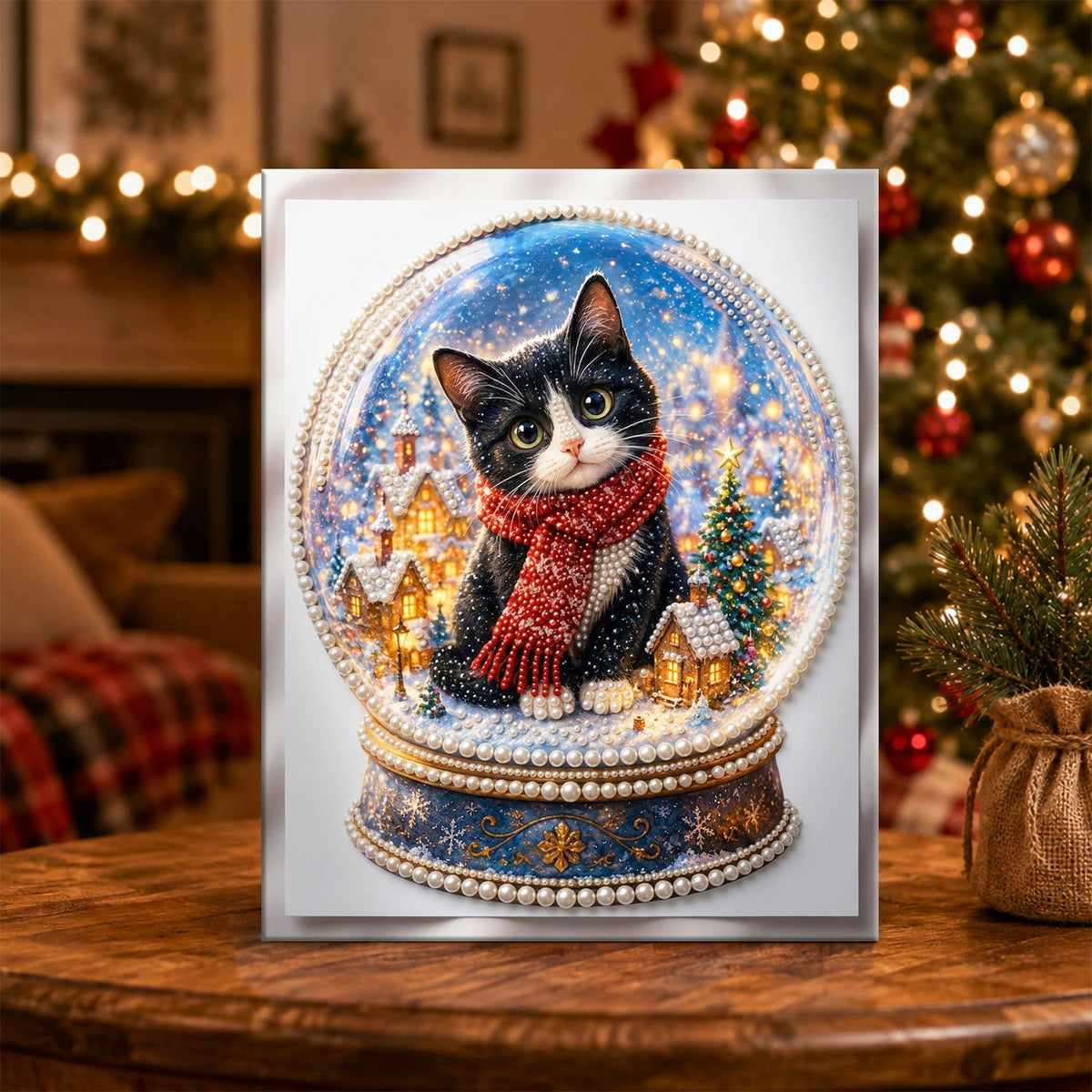 Tuxedo Kitten in a Snow Globe pearl painting – image 5