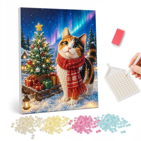 Calico Cat Under the Aurora pearl painting – Calico cat in a long red scarf beside a Christmas tree and gift sled under northern lights