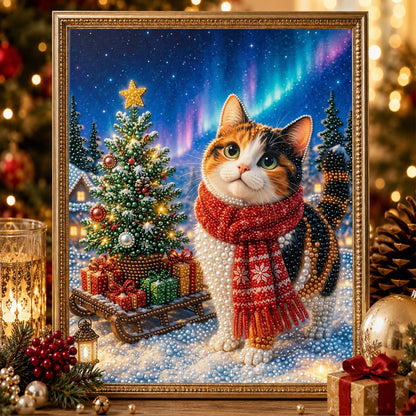 Calico Cat Under the Aurora pearl painting – image 2