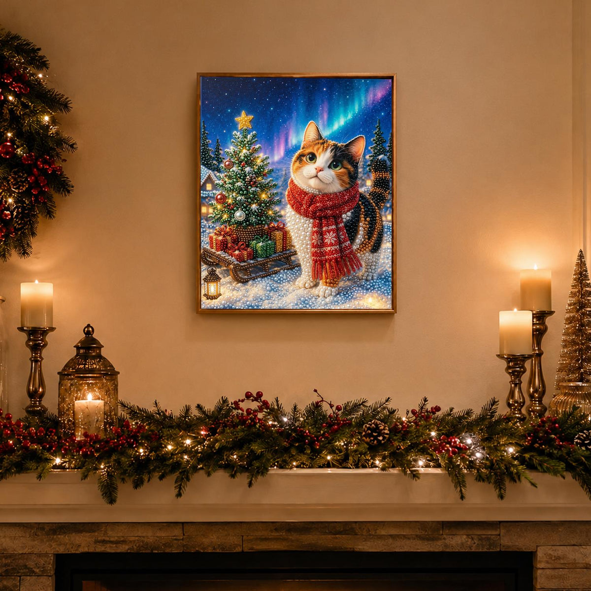 Calico Cat Under the Aurora pearl painting – image 3