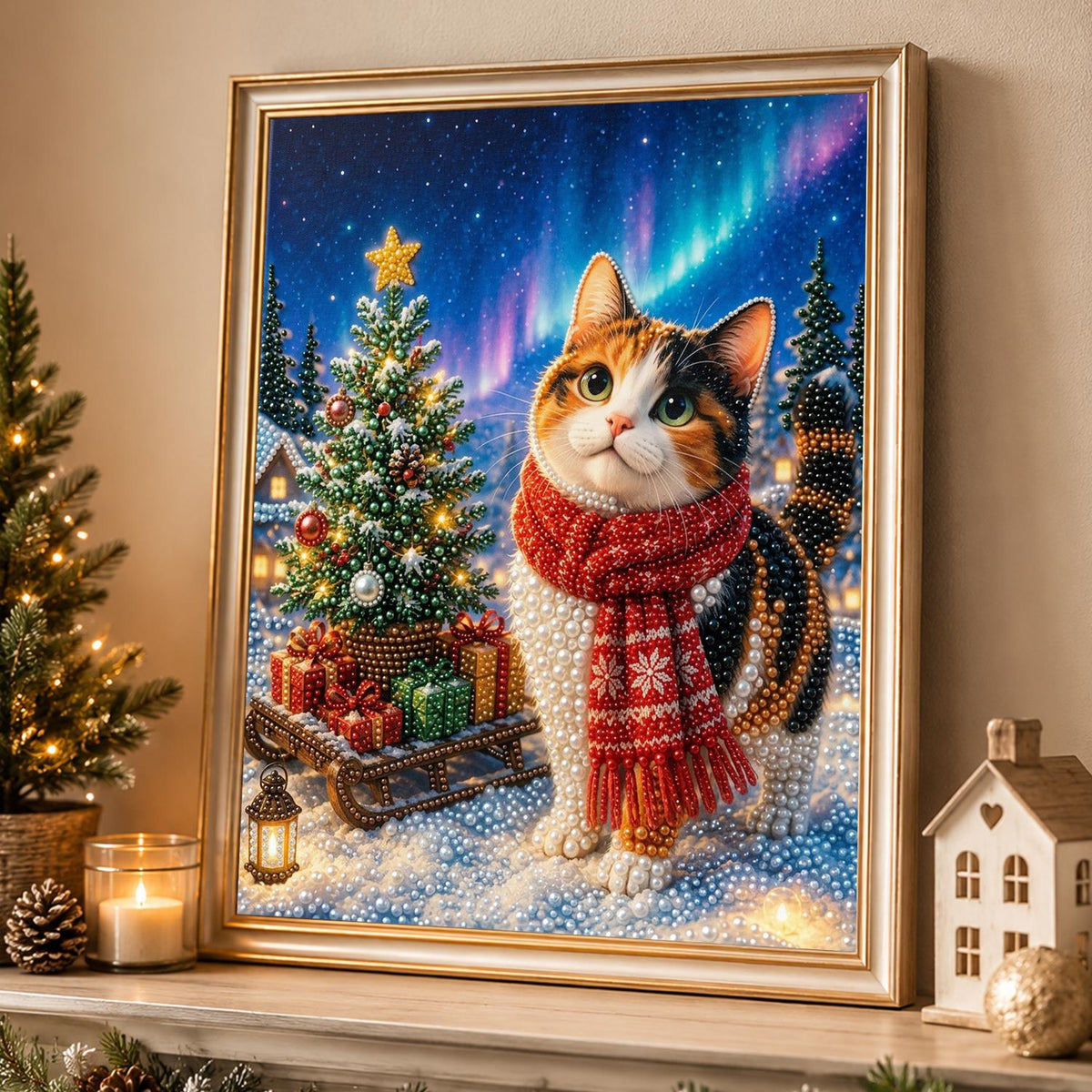 Calico Cat Under the Aurora pearl painting – image 4