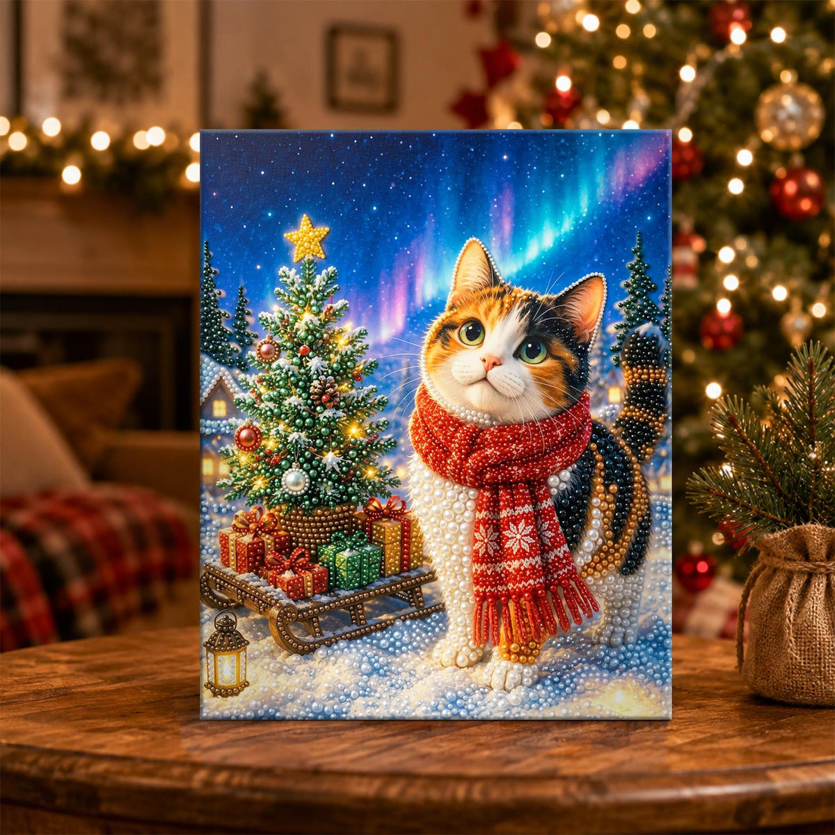 Calico Cat Under the Aurora pearl painting – image 5