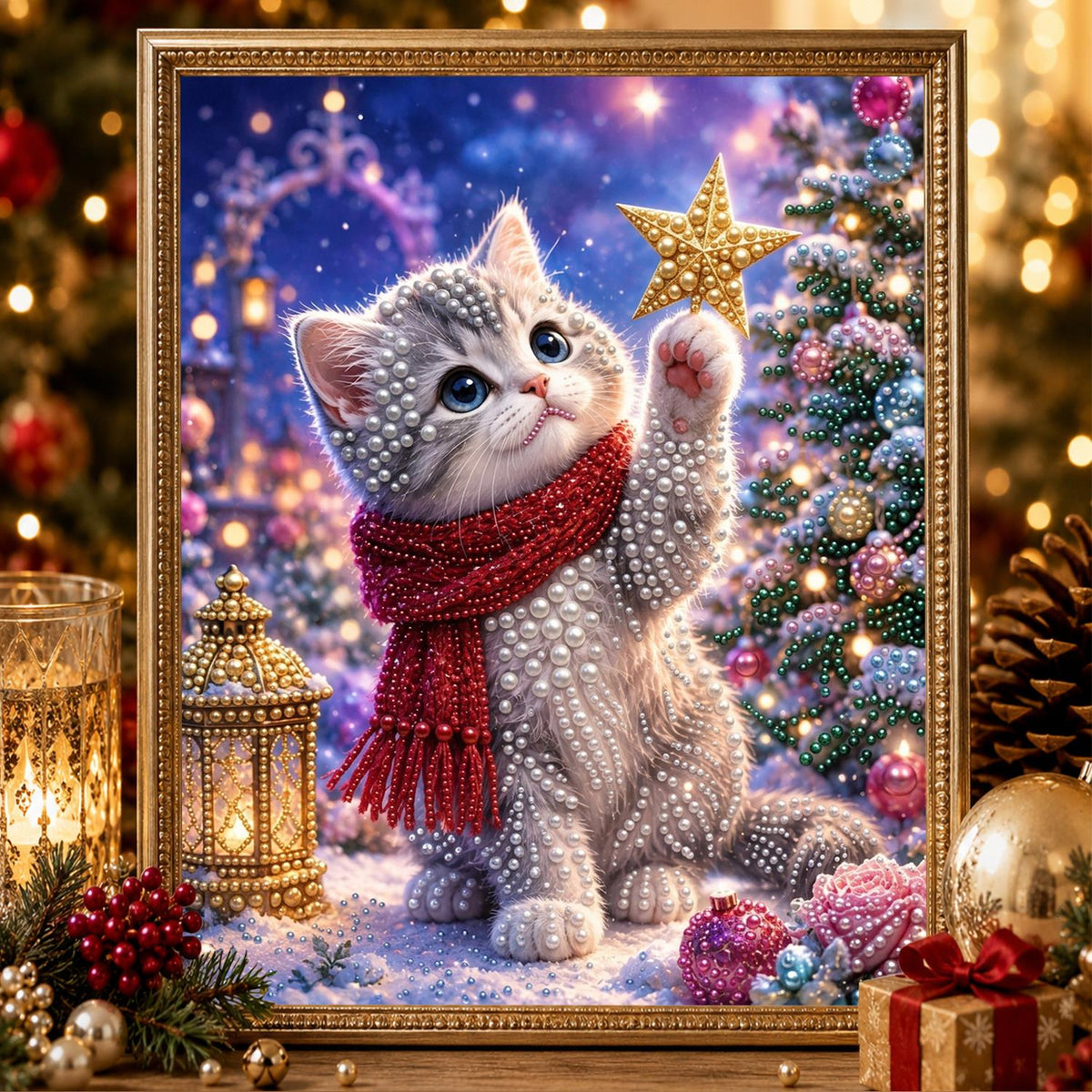 Grey Kitten Reaching for a Star pearl painting – image 2