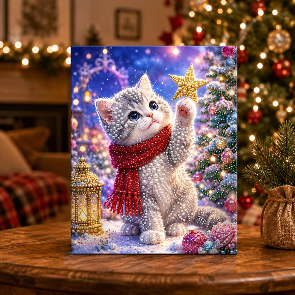 Grey Kitten Reaching for a Star pearl painting – image 5