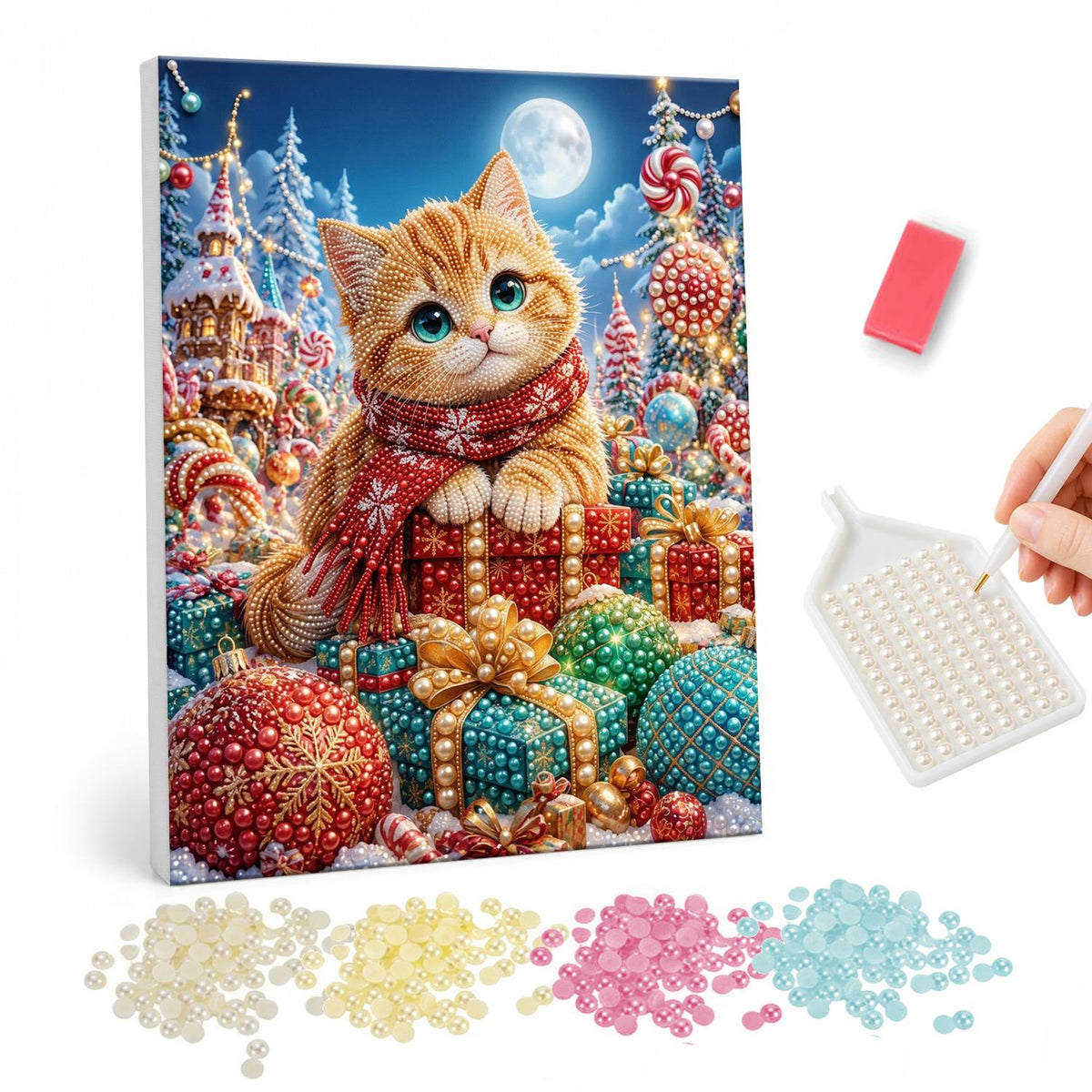 Ginger Kitten in Candy Land pearl painting – Ginger kitten in a red scarf perched on gifts in a candy village with lollipops under a full moon