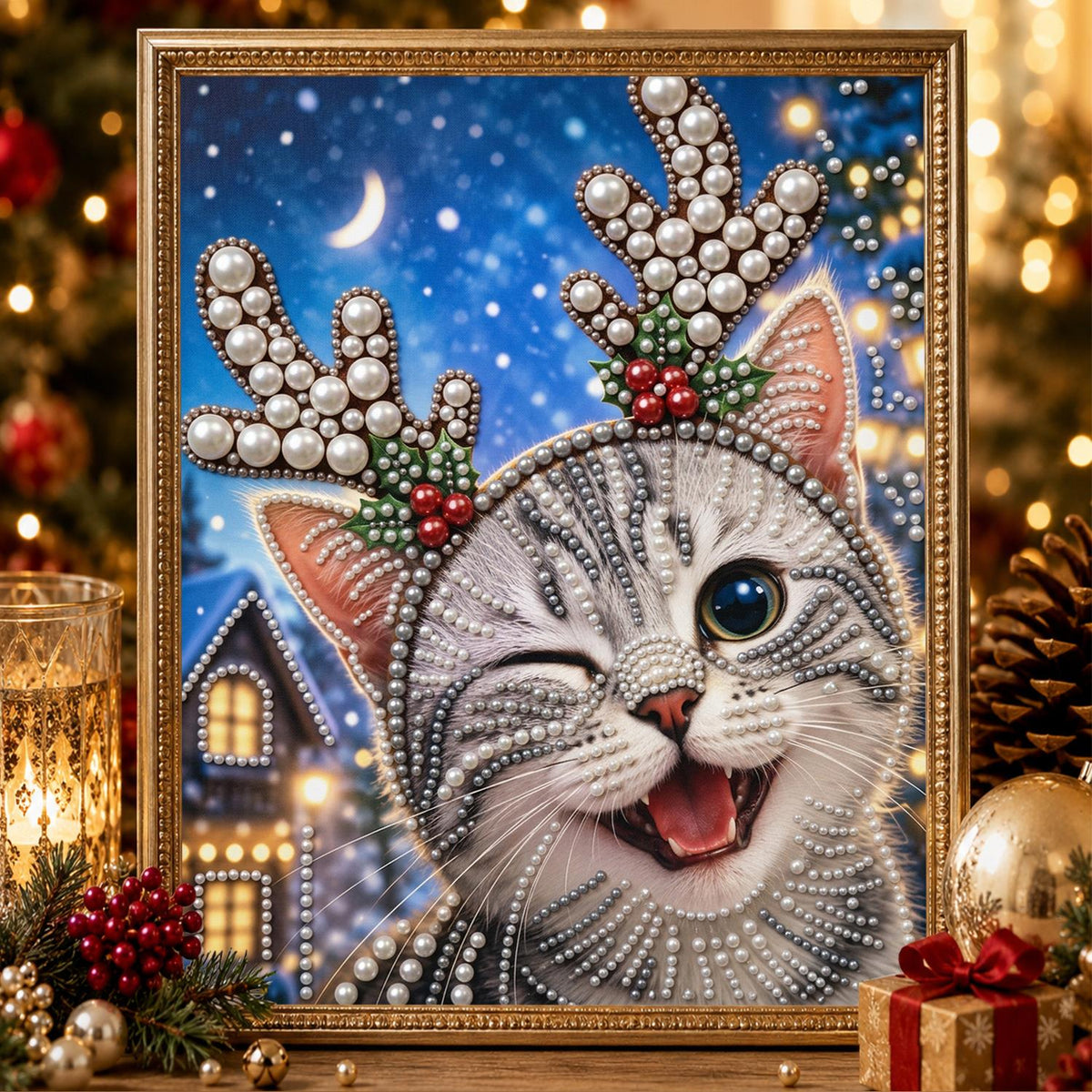 Winking Kitten in Antler Headband pearl painting – image 2