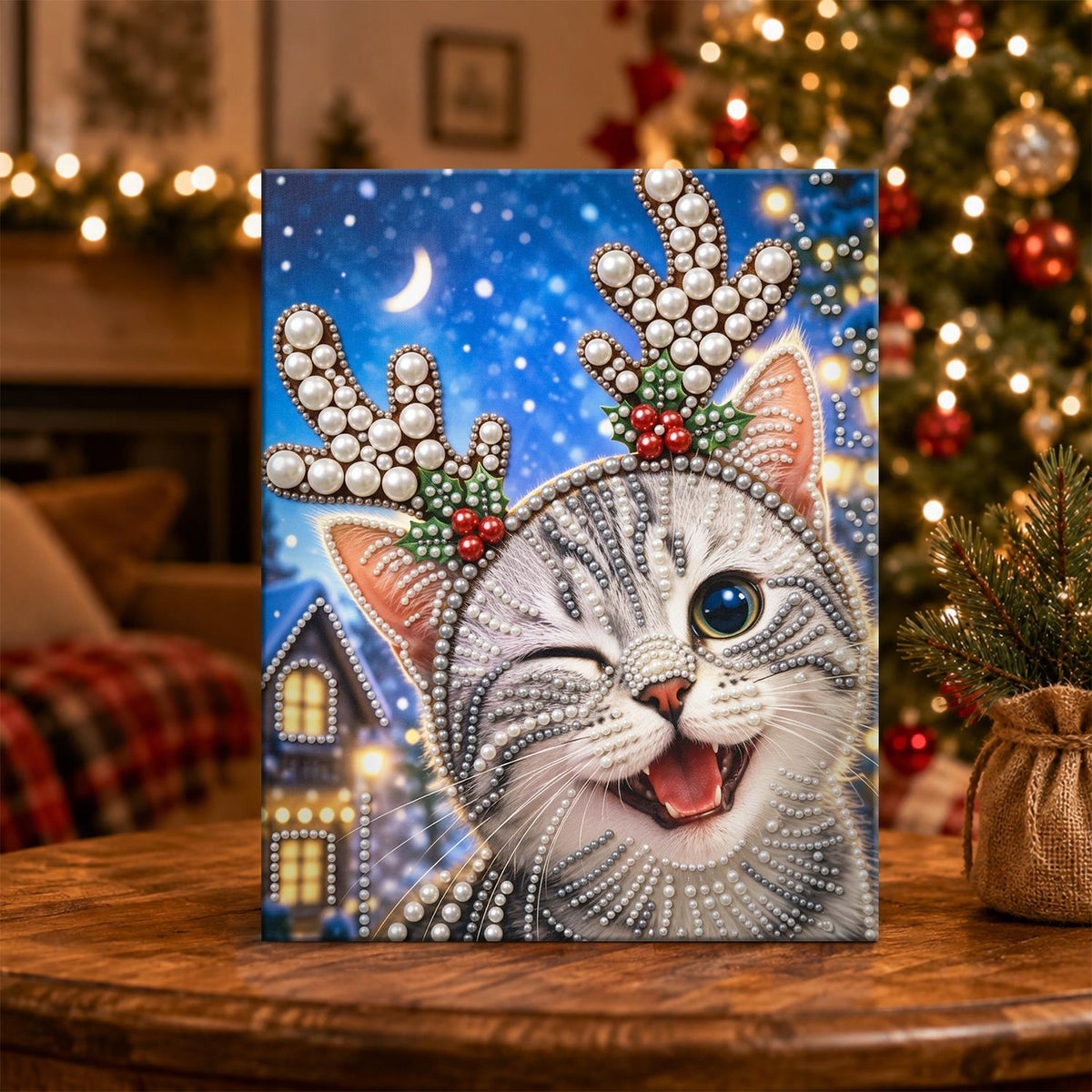 Winking Kitten in Antler Headband pearl painting – image 5