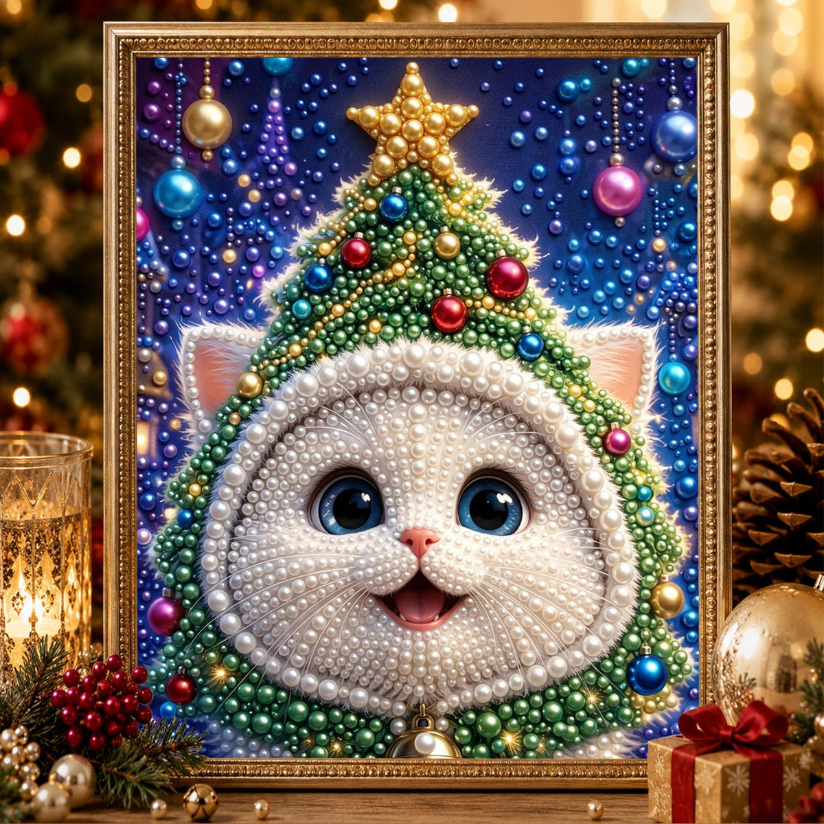 Kitten in a Christmas Tree Hood pearl painting – image 2