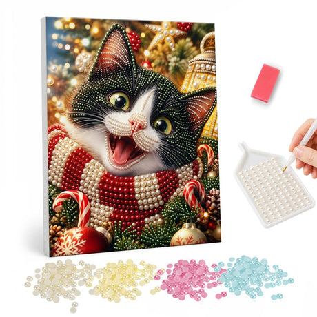 Candy-Stripe Scarf Tuxedo Kitten pearl painting – Gleeful black and white kitten in a red and white striped scarf among candy canes and baubles