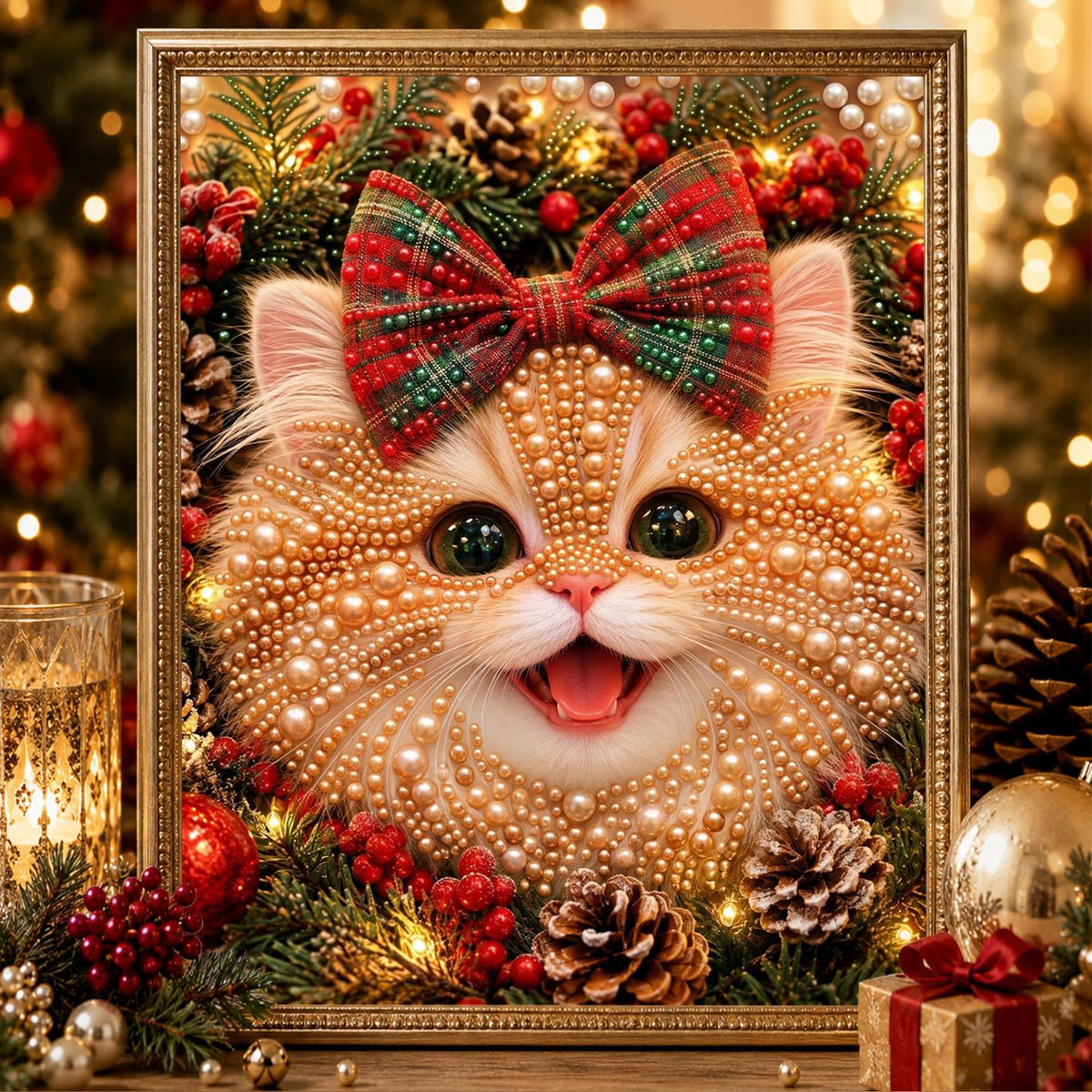 Ginger Kitten with a Tartan Bow pearl painting – image 2