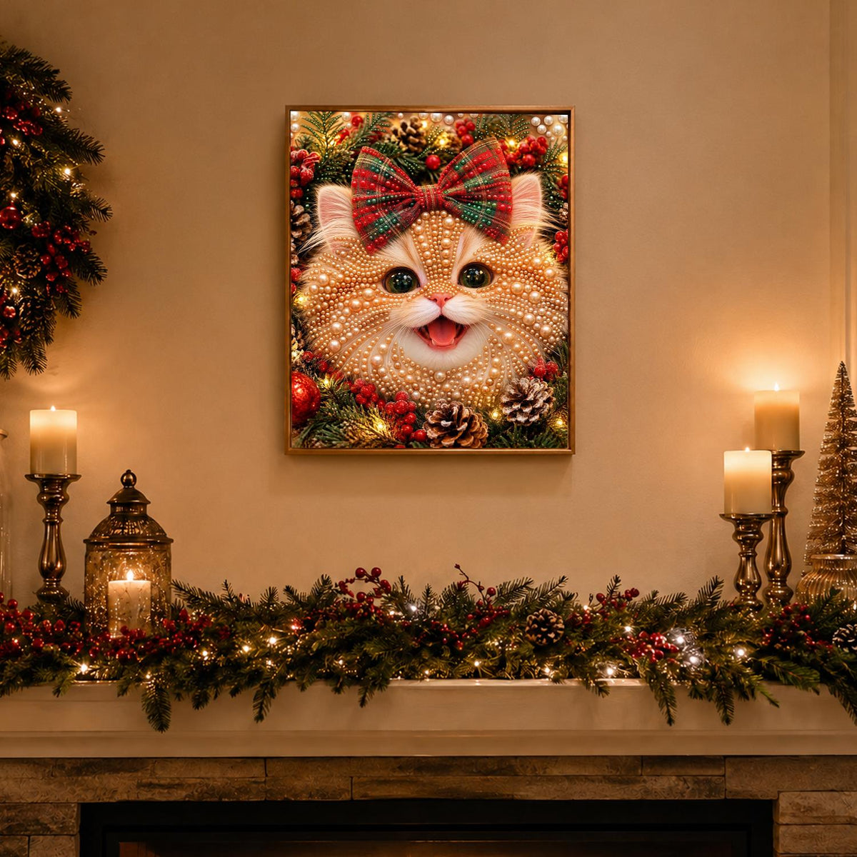 Ginger Kitten with a Tartan Bow pearl painting – image 3