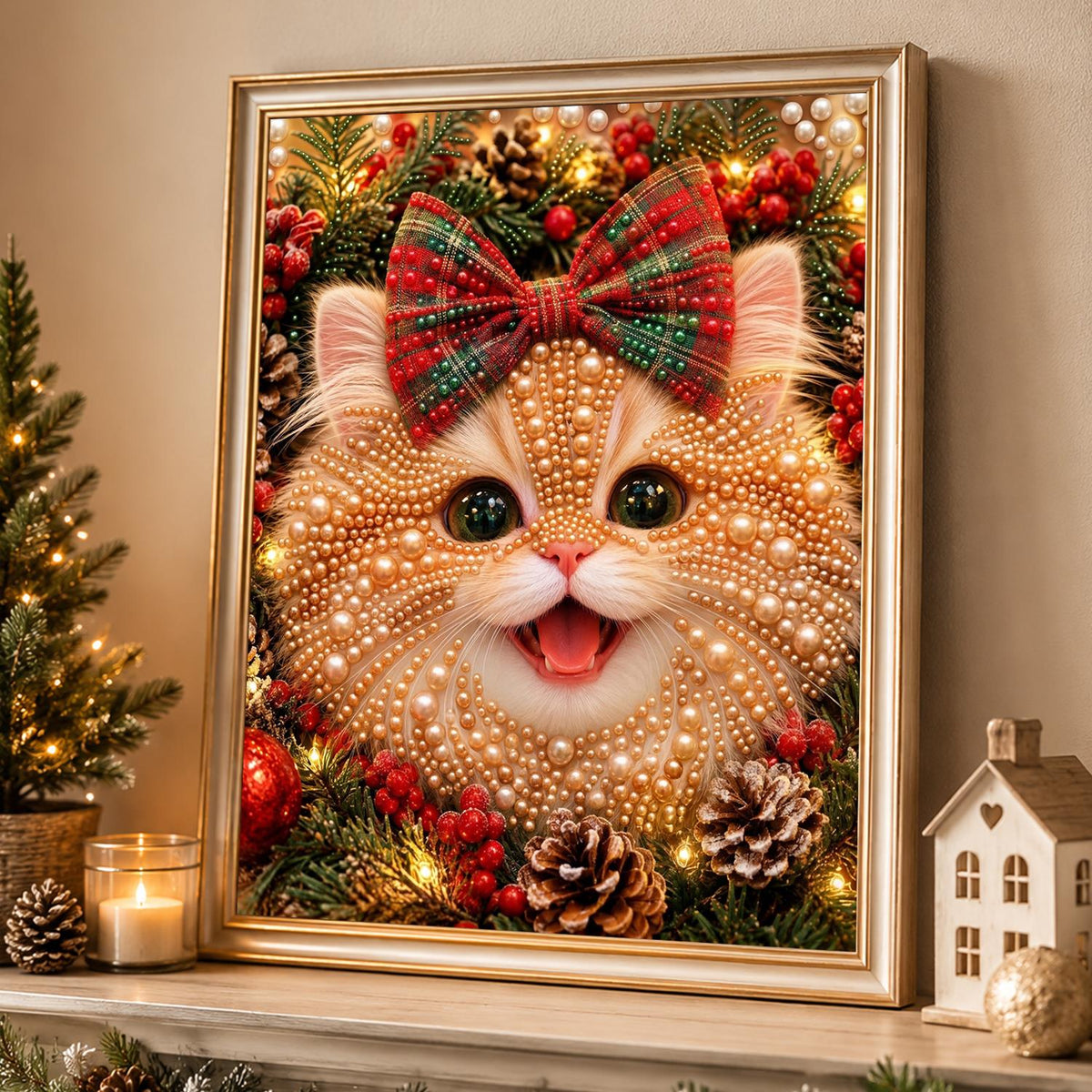 Ginger Kitten with a Tartan Bow pearl painting – image 4