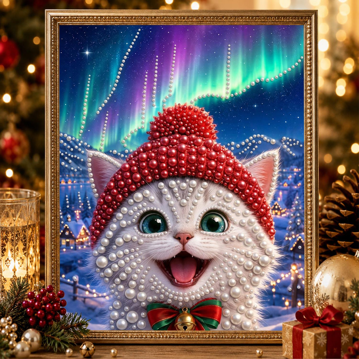 Northern Lights White Kitten pearl painting – image 2