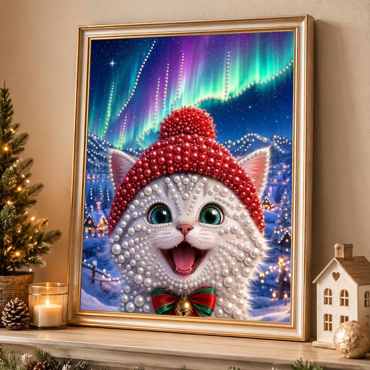 Northern Lights White Kitten pearl painting – image 4