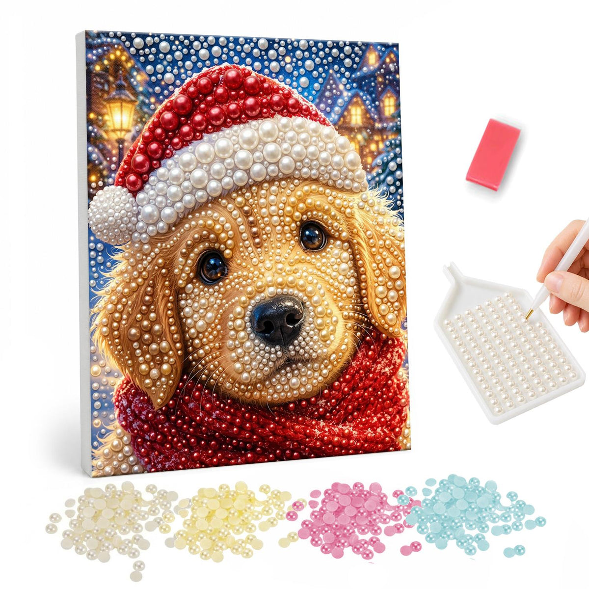 Golden Pup in a Red Scarf pearl painting – Golden retriever puppy in a Santa hat and red scarf against a twinkling snowy village