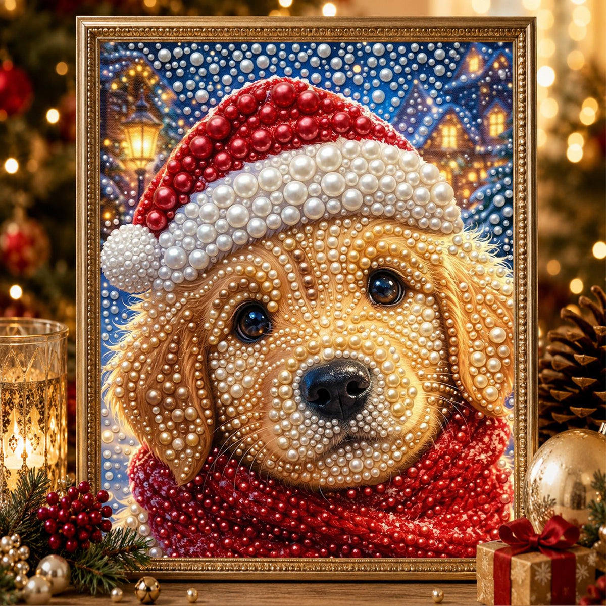 Golden Pup in a Red Scarf pearl painting – image 2