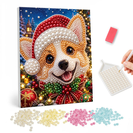 Grinning Corgi in a Santa Hat pearl painting – Smiling corgi in a Santa hat with a red and green bow collar among baubles and lights