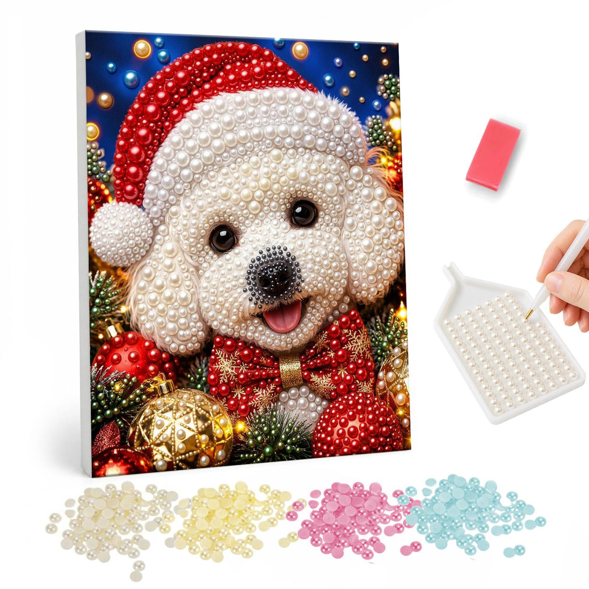 Bichon in a Santa Hat pearl painting – Curly white puppy in a Santa hat and red bow tie surrounded by red and gold baubles