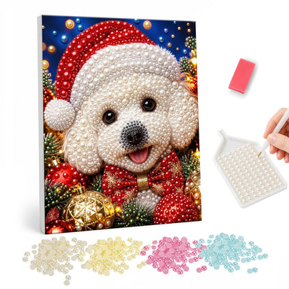 Bichon in a Santa Hat pearl painting – Curly white puppy in a Santa hat and red bow tie surrounded by red and gold baubles