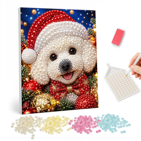 Bichon in a Santa Hat pearl painting – Curly white puppy in a Santa hat and red bow tie surrounded by red and gold baubles