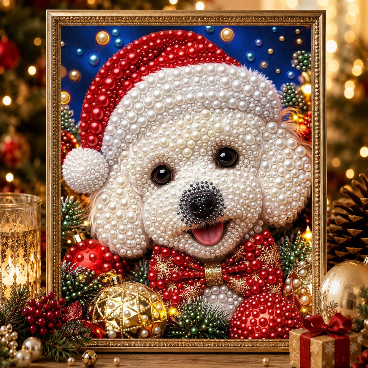 Bichon in a Santa Hat pearl painting – image 2