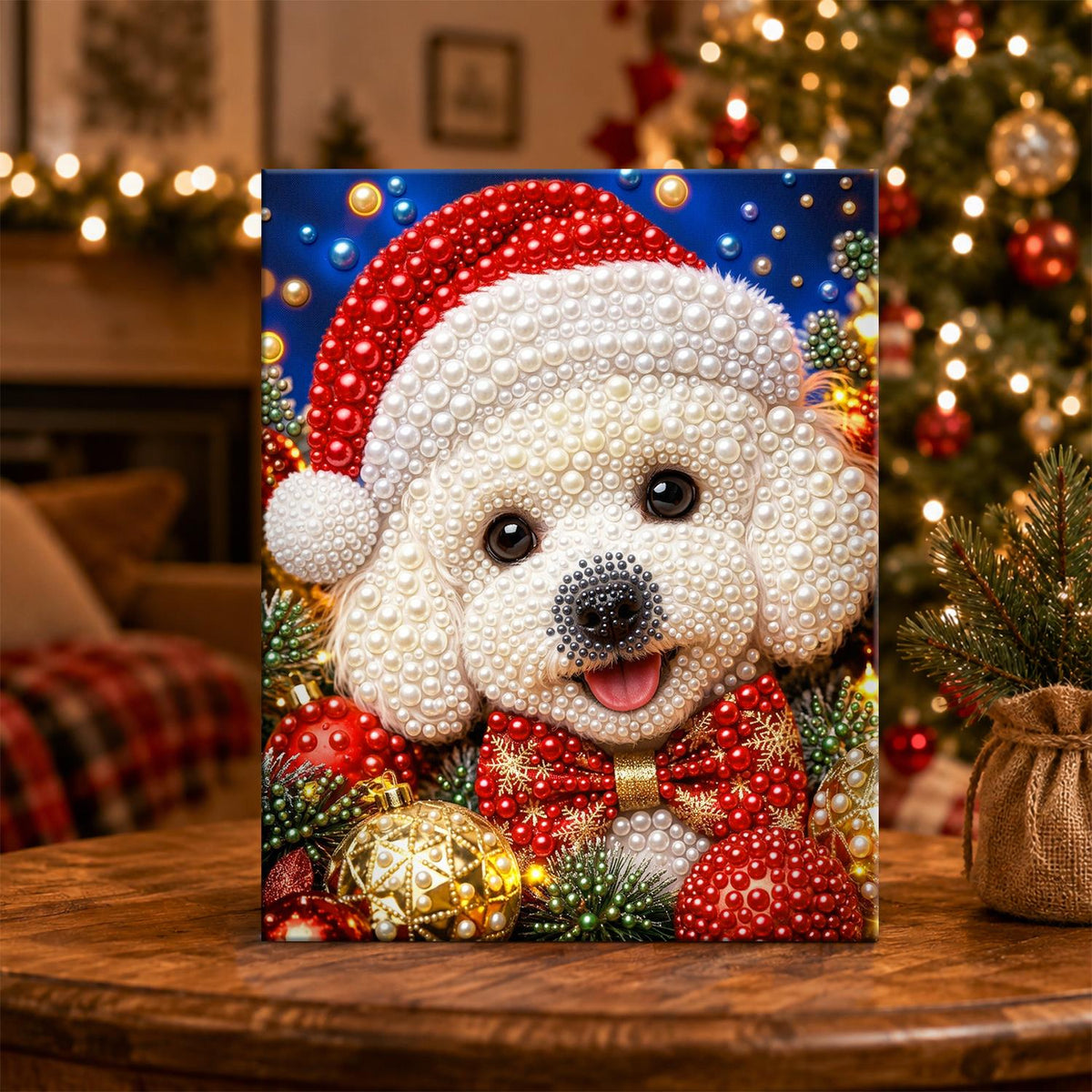 Bichon in a Santa Hat pearl painting – image 5