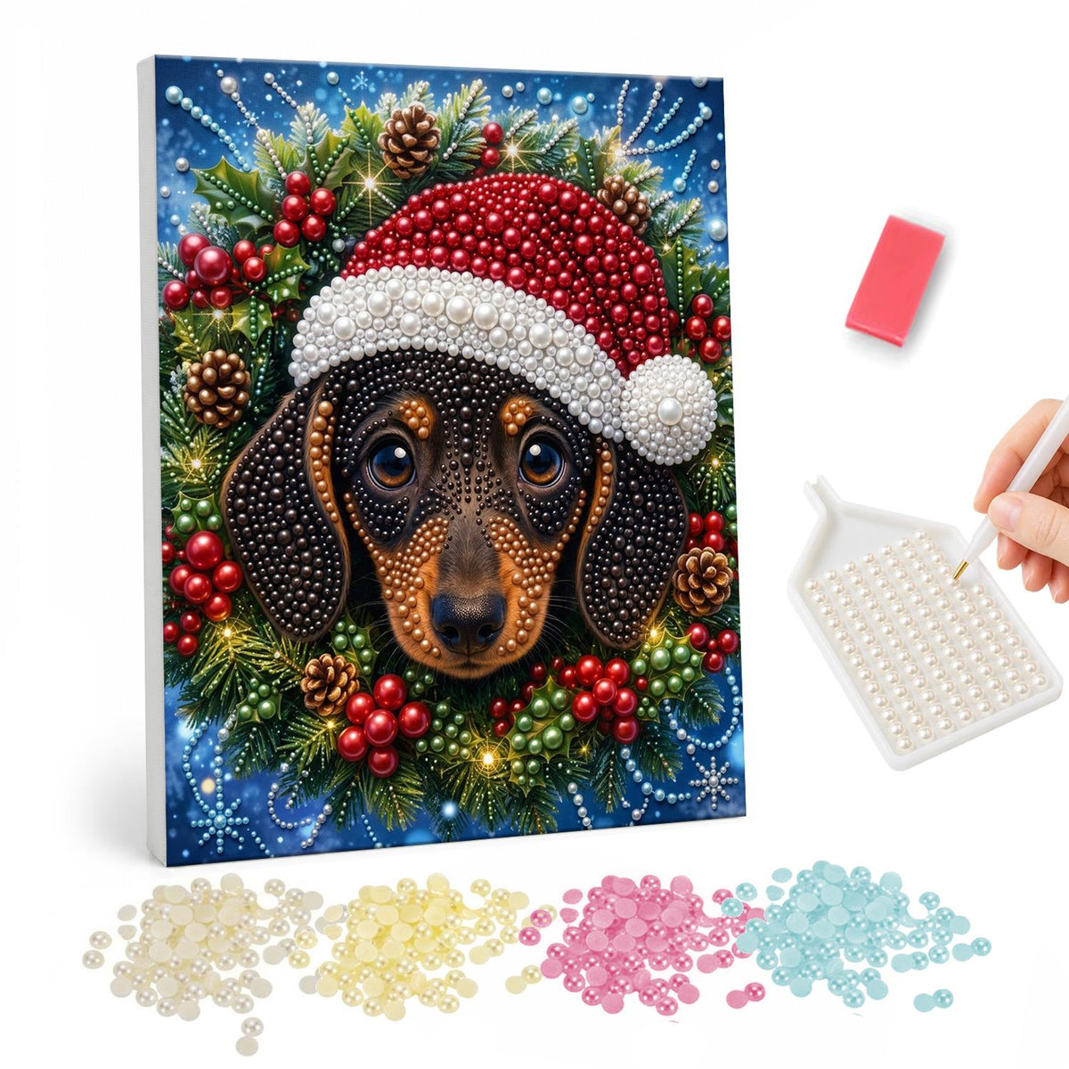 Dachshund in a Berry Wreath pearl painting – Black and tan dachshund in a Santa hat framed by a wreath of pine cones and red berries