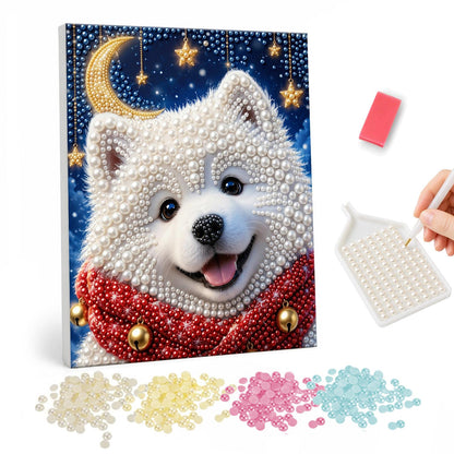 Samoyed Pup Under a Gold Moon pearl painting – Fluffy white puppy in a red scarf with gold bells beneath a golden crescent moon and stars