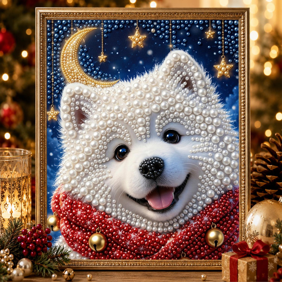 Samoyed Pup Under a Gold Moon pearl painting – image 2
