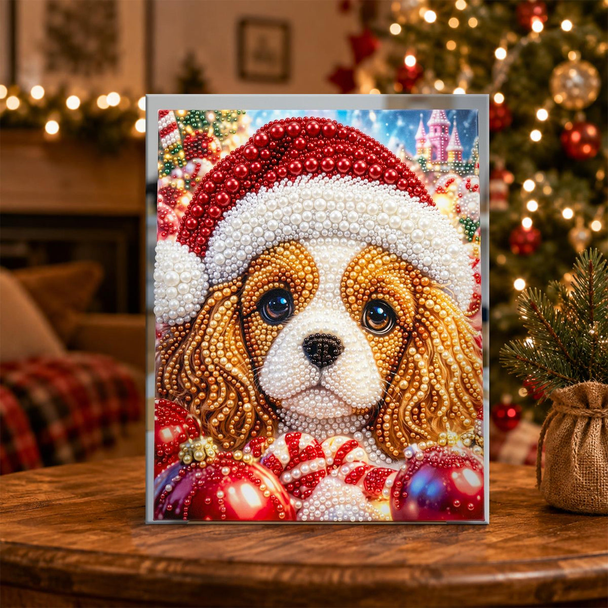 Santa-Hat Spaniel and Candy Cane pearl painting – image 5